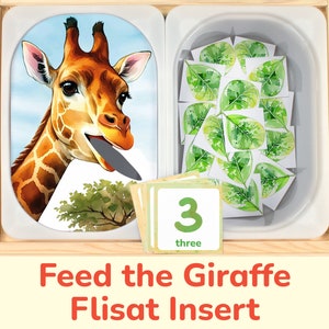 Feed the Giraffe Flisat Insert: African Savannah Theme Counting Activity for Sensory Table Bins. Toddler Preschool Printable Insert Template