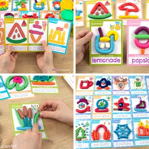 Seasonal playdough mats: winter season, summertime, spring pond life.