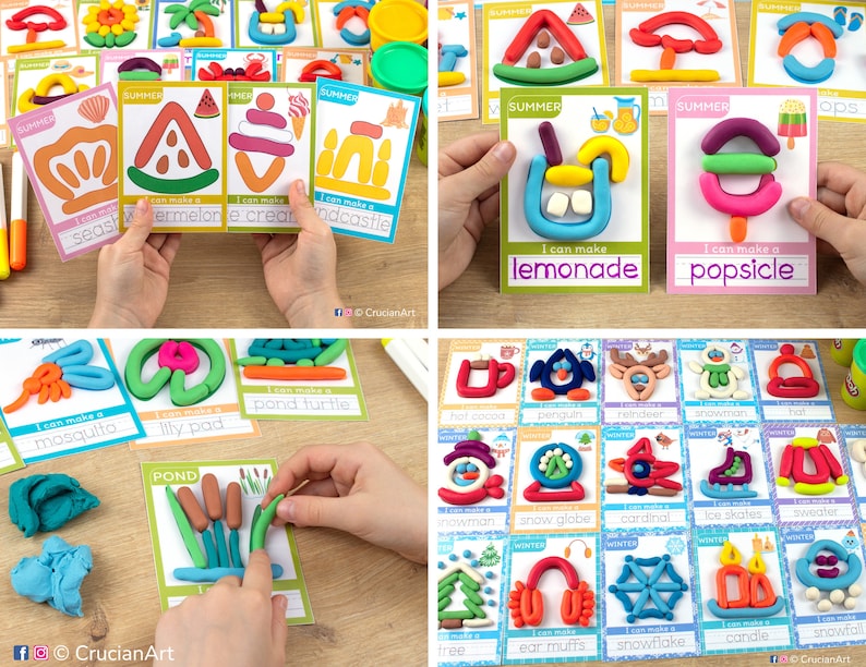 Seasonal playdough mats: winter season, summertime, spring pond life.