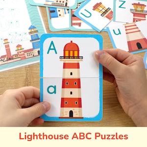 Lighthouse Alphabet Puzzle Pairs: Printable Matching Cards and Letters Tracing Worksheet. Sea ABCs Activity. Toddler Preschool Match Puzzles