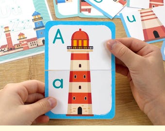 Paires de casse-tête alphabet phare : cartes imprimables assorties et feuille de calcul pour le traçage des lettres. Activité ABC de la mer. Casse-têtes assortis pour tout-petits d'âge préscolaire