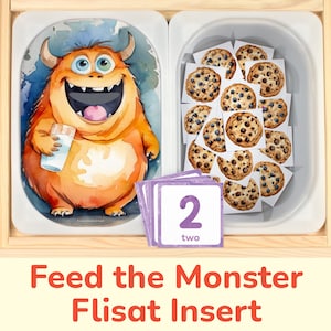 Feed the Hungry Monster Flisat Insert: Printable Counting Activity for Sensory Table Bins. Toddler, Preschool Educational Insert Template.