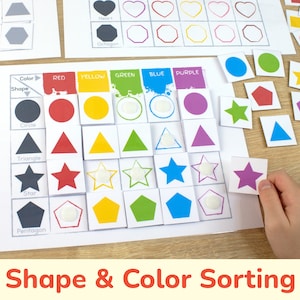 Shape & Color Sorting Printable Activity. Toddler Busy Book and Learning Binder Page. Match Shapes, Colours Preschool Educational Resource.