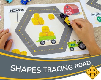 May include: A printable worksheet for kids to trace shapes. The worksheet features a hexagon shape with a dotted line path for tracing. The path goes around a pile of hay bales and a green tractor. The worksheet also includes a red barn, a motorcycle, and a green stop sign with the word "GO" on it.