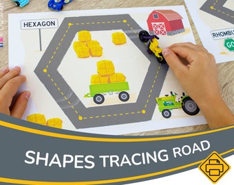 2D Shapes Printable Road Mat for Boys. Construction Truck Tracing Activity for Toddler and Preschooler