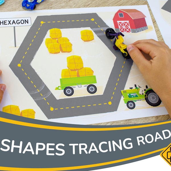 2D Shapes Printable Road Mat for Boys. Construction Truck Tracing Activity for Toddler and Preschooler