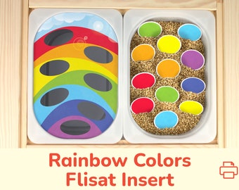 Regenboogkleuren Flisat-inzetstuk: Kleursorteeractiviteit voor sensorische tafelbakken. Educatieve afdrukbare invoegsjabloon voor peuters en kleuters.