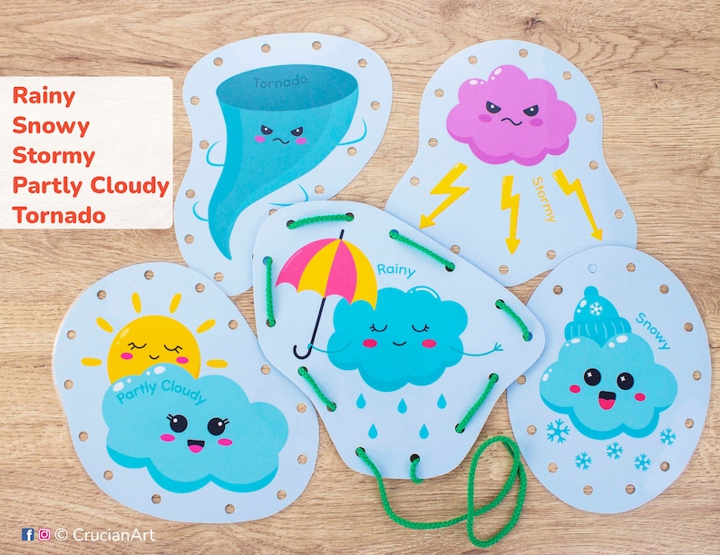 WEATHER Lacing Cards. Printable Fine Motor Skill Tying Toy for Toddler and Preschooler. Preschool Activity image 5