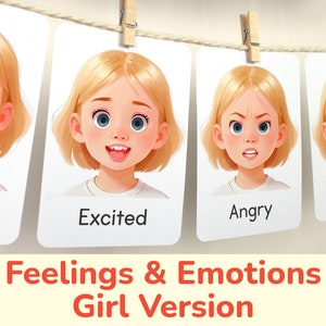 Tarjetas de memoria de emociones. Tarjetas imprimibles para niñas: Explora los sentimientos y amplía tu vocabulario. Materiales visuales de aprendizaje para la educación en casa y el aula.