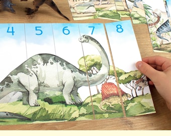 Dinosaur Number Puzzle 1-20.  Dino Numbers Sequence Activity. Preschool Counting Activities. Homeschool Printable Educational Resource.