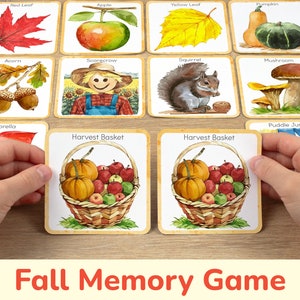 Fall Theme Memory Game: Printable Toddler Preschool Matching Activity. Homeschool Educational Printables.