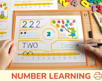 May include: A colorful learning mat with a number two theme. The mat features a number line, a ten frame, a number word, and a trace and write section. The mat is designed to help children learn about the number two.