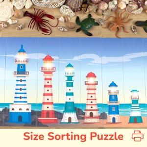 Lighthouse Size Sorting Activity. Sort by Height Printable Puzzle. Toddler Learning Resource. Preschool, Pre-K Math Educational Material.