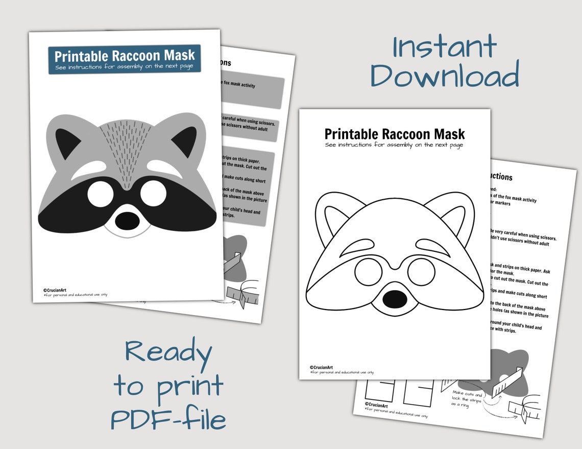 Printable Raccoon Mask Kid Size. Colored and Coloring Forest | Etsy