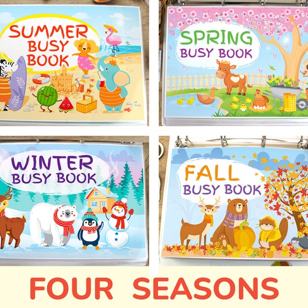 Paquete Four Seasons: Libro ocupado de otoño, invierno, primavera y verano. Material de aprendizaje imprimible para preescolar. Actividades para niños pequeños para Busy Binder.