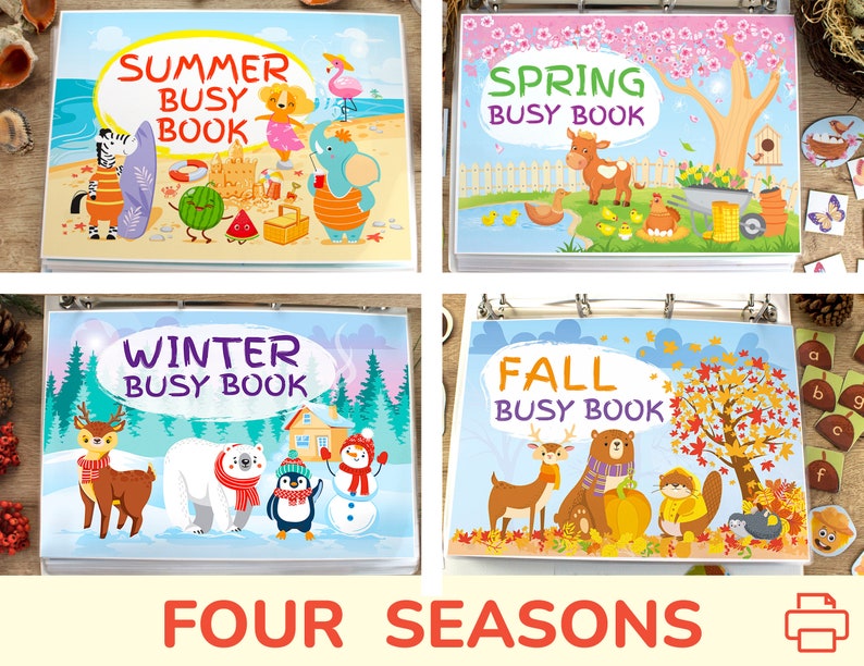 May include: Four colorful busy books, one for each season: summer, spring, winter, and fall. Each book features a different animal and a title with the season and "Busy Book".