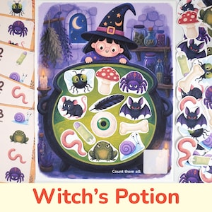 Pode incluir: Uma folha de atividades de contagem intitulada Witch's Potion com uma bruxa atrás de um grande caldeirão verde. O caldeirão contém adesivos de mosca, cogumelo, aranha, rato, pena, morcego, olho, osso, dedo, verme, sapo e caracol. Diz Count them all.