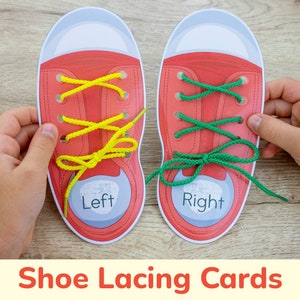 Cartões para amarrar sapatos. Para imprimir, posso amarrar meus sapatos amarrando brinquedo. Cadarços para crianças pequenas, pré-escola, atividade motora fina e habilidades para a vida do jardim de infância.