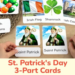 Tarjetas de tres partes del Día de San Patricio: tarjetas visuales y combinación de palabras. Actividad de aprendizaje imprimible. Constructor de vocabulario. Recursos para el hogar y la escuela.