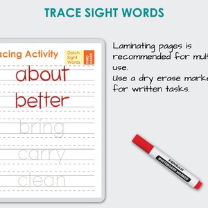 May include: A tracing activity worksheet for third grade students. The worksheet features five Dolch sight words: about, better, bring, carry, and clean. The words are printed in red and are surrounded by dotted lines for tracing. The worksheet is designed to help students practice their handwriting and learn common sight words.