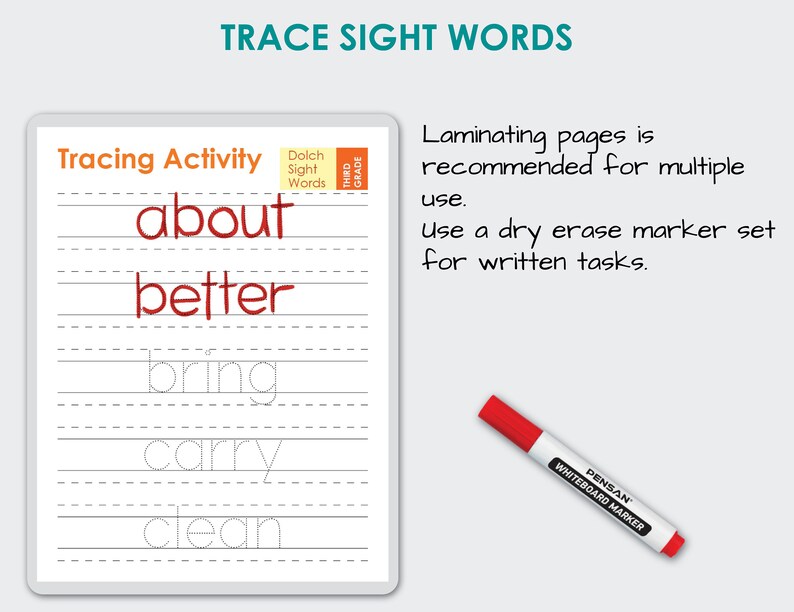 May include: A tracing activity worksheet for third grade students. The worksheet features five Dolch sight words: about, better, bring, carry, and clean. The words are printed in red and are surrounded by dotted lines for tracing. The worksheet is designed to help students practice their handwriting and learn common sight words.