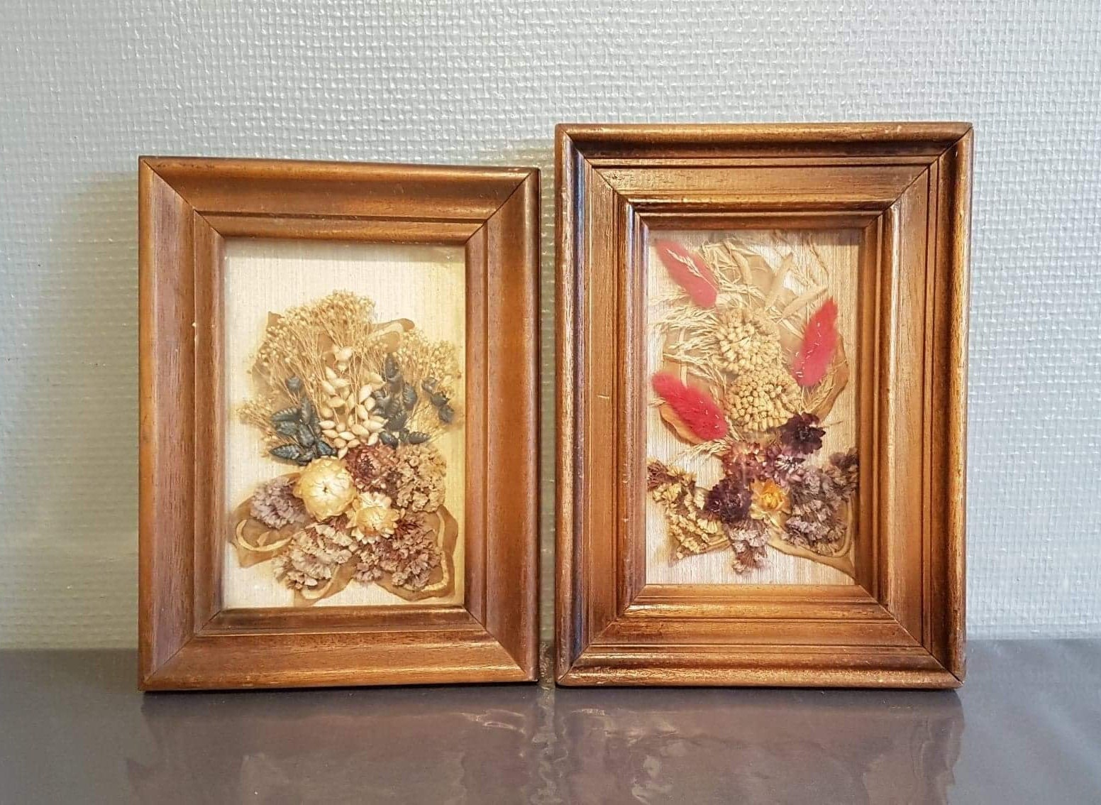 Paire de Cadres Fleurs Séchées Vintage Des Années 60