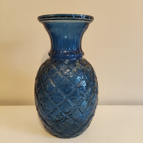 vase ananas en verre bleu