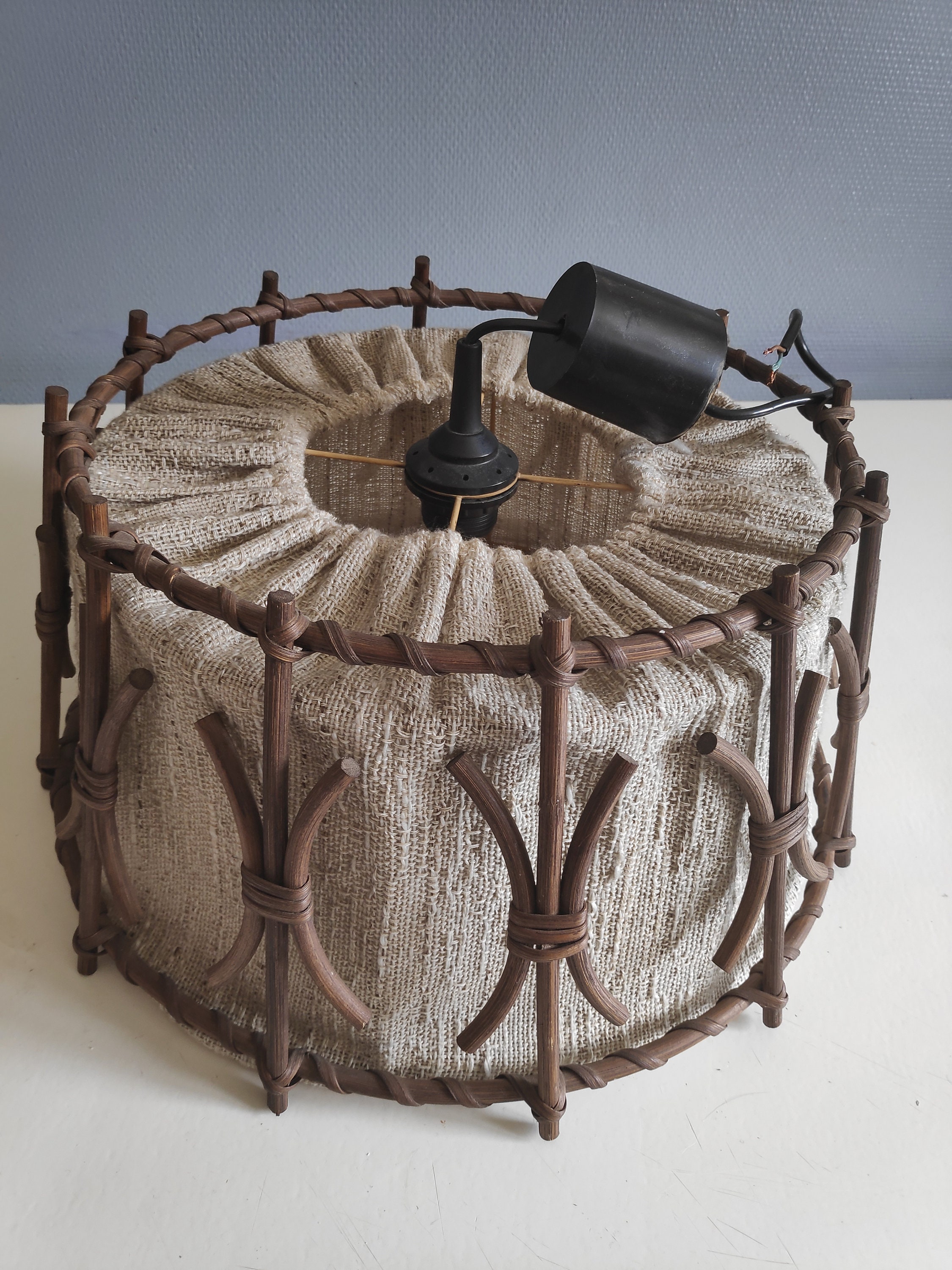 Suspension en Rotin et Toile de Lin, Design Intemporel Des Années 70