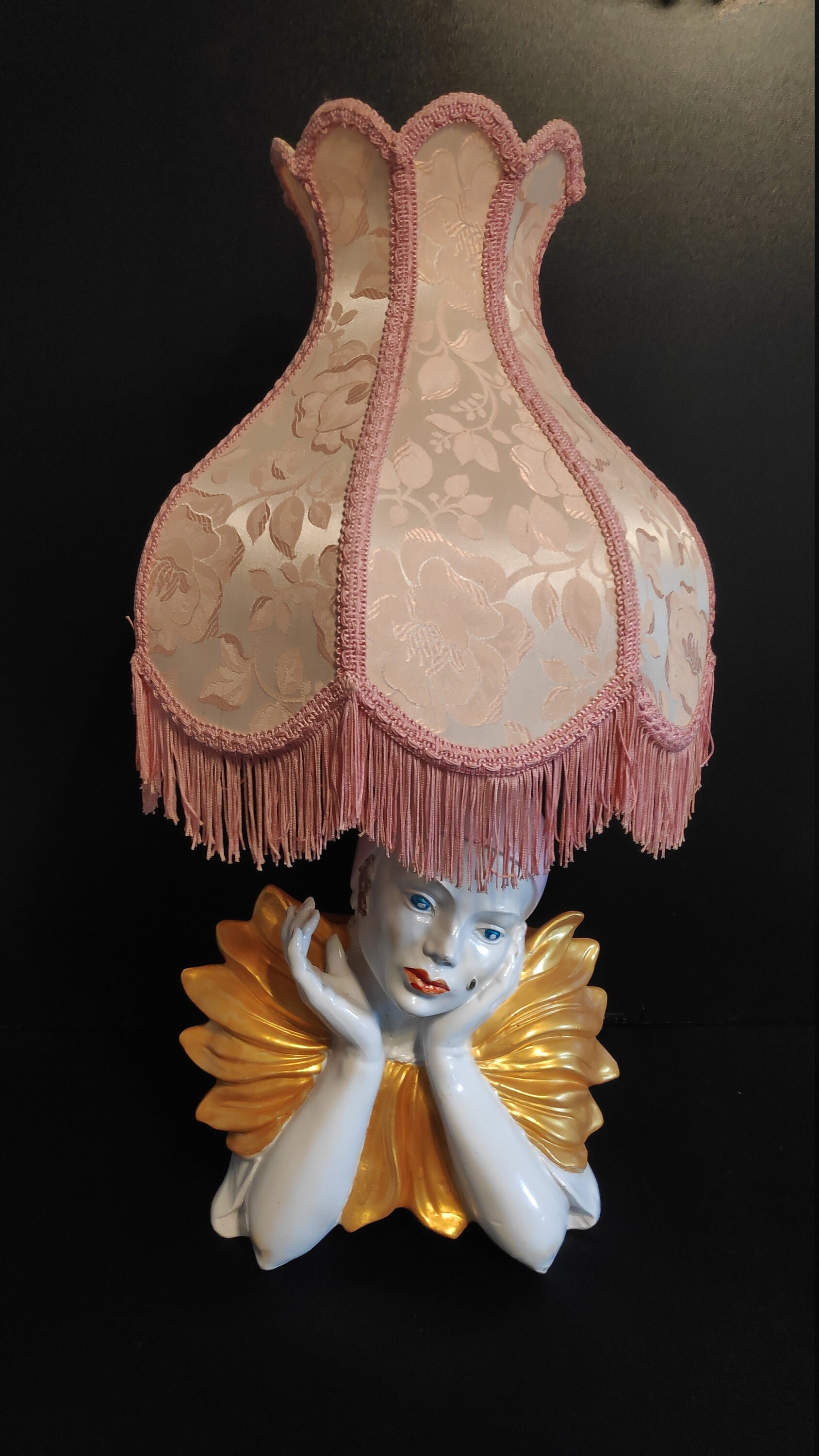 Lampe Pierrot en Céramique et Abat-Jour Tissu