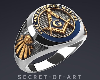 Masonic Ring Signet Rin  F & AM Freemason Silver 925 Sterling 18K-Gold-Plated, Free and accepted Masons Masonry gift jewelry Master Mason