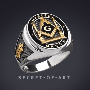 Masonic Ring Signet Ring Master Mason Freemason Mason Masonry Blue Lodge jewelry gift Pillars Silver Sterling 925 Silver 18K-Gold-Plated
