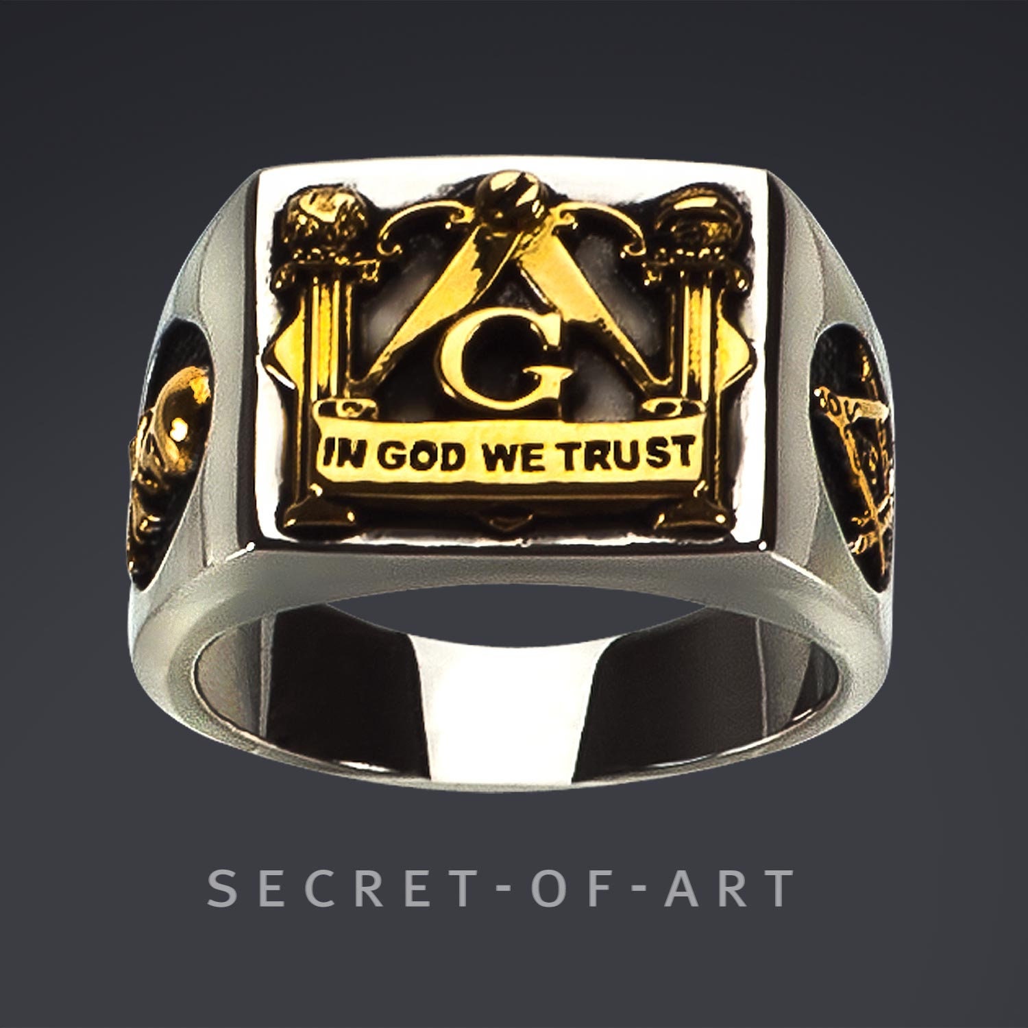 Masonic Ring Freemason Master Mason Masonry Jewelry Gift Compass Square in God We Trust Pillars Skull Silver 925 24k gold plated Parts Etsy