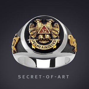 Freimauer Ring Siegelring Masonic Ancient Accepted Scottish rite AASR Master 925 Silber Schmuck 750 Gelbgold-Vergoldung, schwarz emailliert
