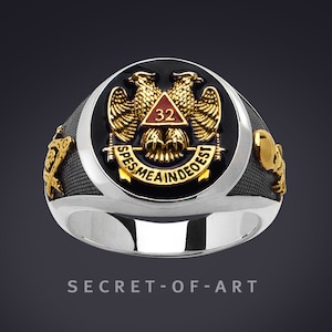 Masonic Ring AASR 32 Degree Master Mason signet ring jewelry Freemason Masonry Scottish rite 925 Silver 24K-Gold-Plated Parts, black enamel