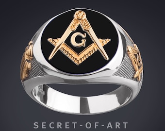 Freimaurer Ring Siegelring Master Mason Masonic Ring 925 Silber Ring, Gelbgold-Plattiert, schwarz emailliert, alles sehendes Auge, Loge