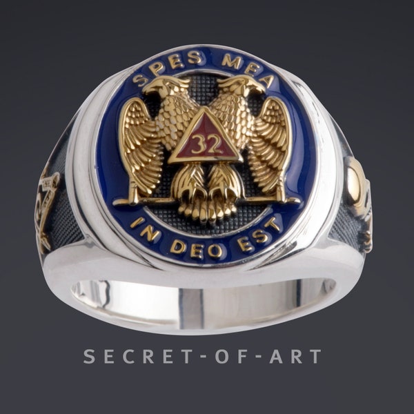 Masonic Ring AASR Scottsh Rite in Silver 925 with 24K-Gold-Plated Parts Lodge Signet Ring Master Mason Freemason Compass Square