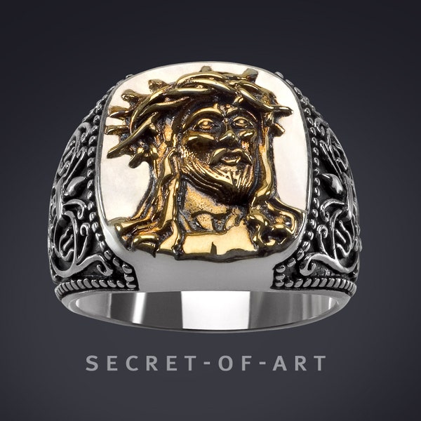 Jesus Ring Christus Ecce Homo Gott Messias Katholisch Religiös Silber 925 Sterling mit Gelbgold-Plattierung Bischof Pfarrer Schmuck Geschenk