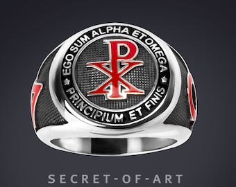 Chi Rho Ring Chi-Rho Signet ring Jesus Alpha Omega Catholic Church Religious Silver 925 Sterling, Chi Ro jewelry Christian Christianity