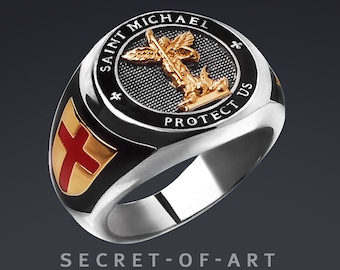 St Michael Ring Saint Michael Erzengel - Protect us - Silber 925, Gold-Plated Katholisch Kirche Schmuck Geschenk Priester Pfarrer Bischof