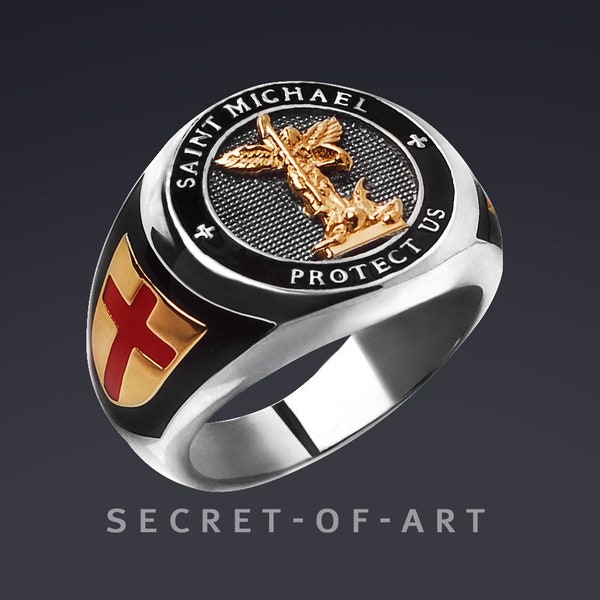 St Michael Ring Saint Michael Erzengel - Protect us - Silber 925, Gold-Plated Katholisch Kirche Schmuck Geschenk Priester Pfarrer Bischof