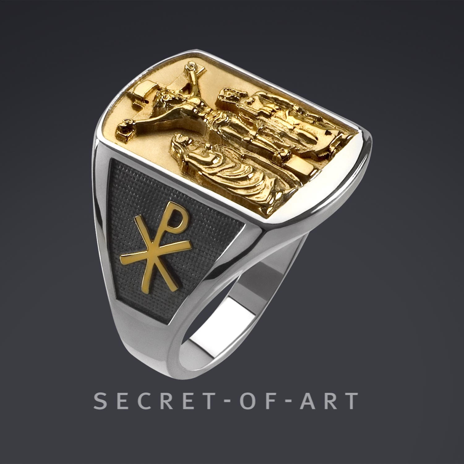 JewelryWe Herren Siegelring – Jesus Christus Portrait Mit Kreuz, Edelstahl, Vergoldet, Personalisierbar