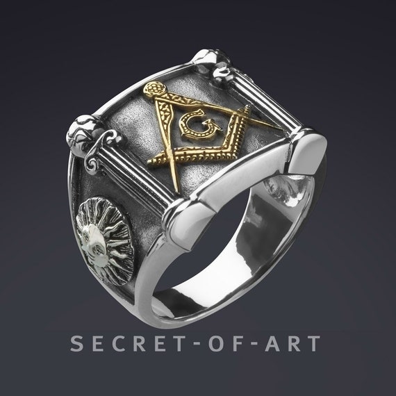 Freimaurer Ring Siegelring Master Mason Masonic G and Pillars Freimaurer Schmuck Sterling Silber 925 mit Gelbgold Platterierung, Sonne Mond Freimaurer Ring Siegelring Master Mason Masonic G and Pillars Freimaurer Schmuck Sterling Silber 925 mit Gelbgold Platterierung, Sonne Mond