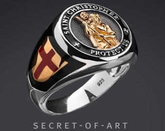 Saint Christopher Ring St Christoph Signet Ring Christ child jewelry Catholic Bishop Deacon Christian Protect Us Silver 925 24k-Gold-Plated