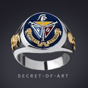Knights of Pythias Ring Signet Ring Silver 925 Sterling with 18k-Gold-Plated Parts, Enamel