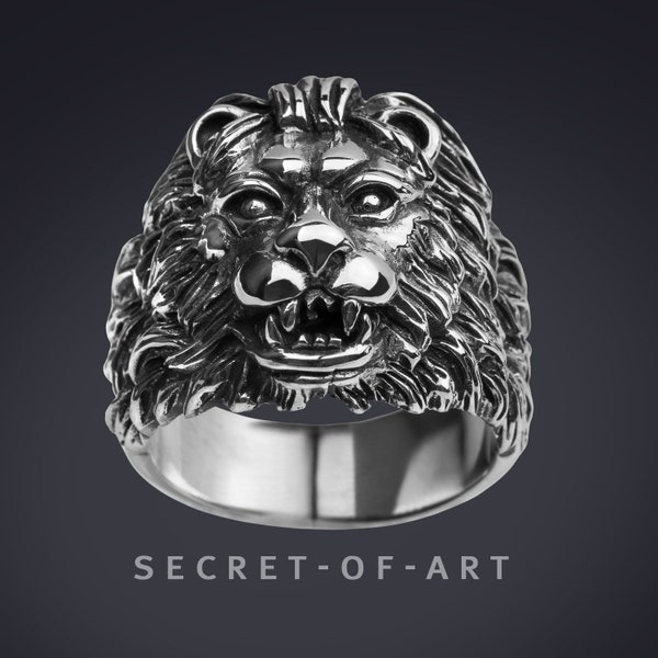 Lion Ring Men's Big lionhead Silver 925 Ring - Realistic Heavy Stunning Biker Royal Gothic Rocker Bikerring