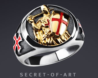 Knights Templar Ring Silver 925 Signet Ring Masonic Mason for Freemason Masonry Catholic Bishop Christ Jewelry Gift Crusader 18K-Gold-Plated