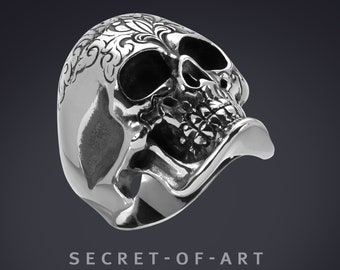 Stainless Steel Skull Ring With Number 13 - Punk Biker Gothic Style, Sizes 7-19, Silver Or Gold