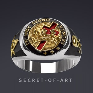 Knights Templar Ring Signet Ring Crusader jewelry gift In hoc signo vinces Masonic Mason catholic church Freemason 925 Silver 18K GoldPlated