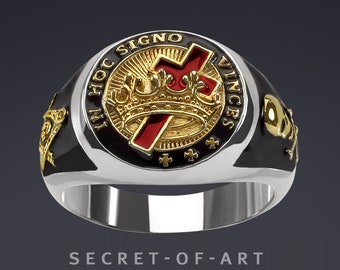 Knights Templar Ring Signet Ring Crusader jewelry gift In hoc signo vinces Masonic Mason catholic church Freemason 925 Silver 24K GoldPlated