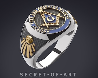 Masonic Ring Freemason Signet Ring AF & AM Ancient Free and Accepted Masons Mason Masonry gift jewelry Silver 925 Sterling 18K-Gold Plated